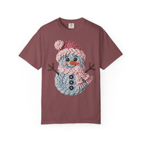 Cute Yarn Snowman - Pink Scarf - Comfort Colors | Trendy Women's T-Shirt. Direct to Garment. Printed & Shipped in the USA. Unisex Sizes.