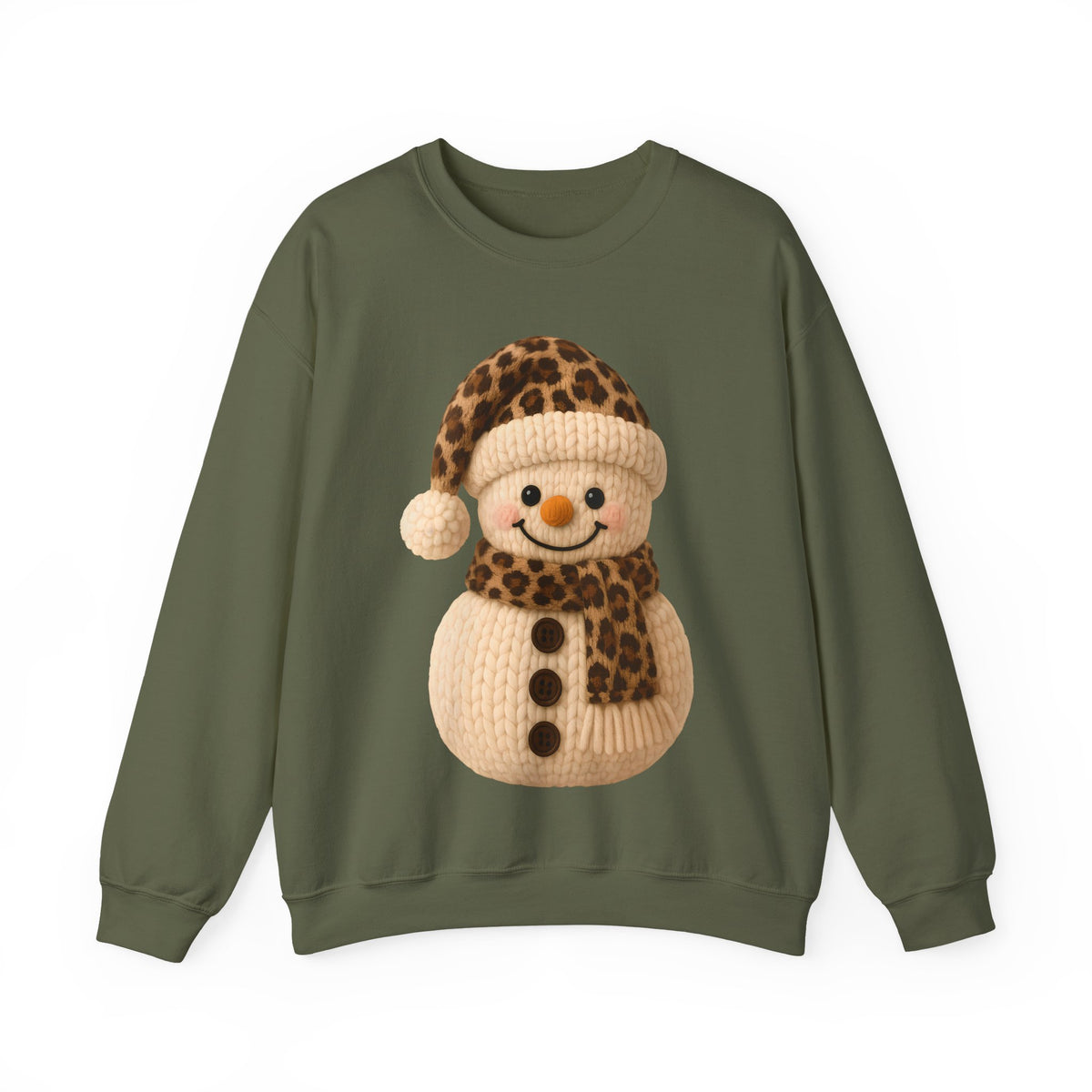 Cute Leopard Faux Knit Snowman Winter – Gildan Heavy Blend | Trendy Women’s Soft Sweatshirt. Direct to Garment. Printed & Shipped in the USA. Unisex Sizes.