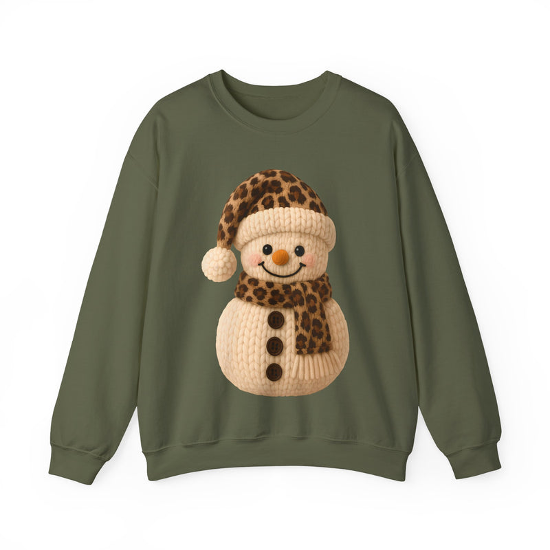 Cute Leopard Faux Knit Snowman Winter – Gildan Heavy Blend | Trendy Women’s Soft Sweatshirt. Direct to Garment. Printed & Shipped in the USA. Unisex Sizes.