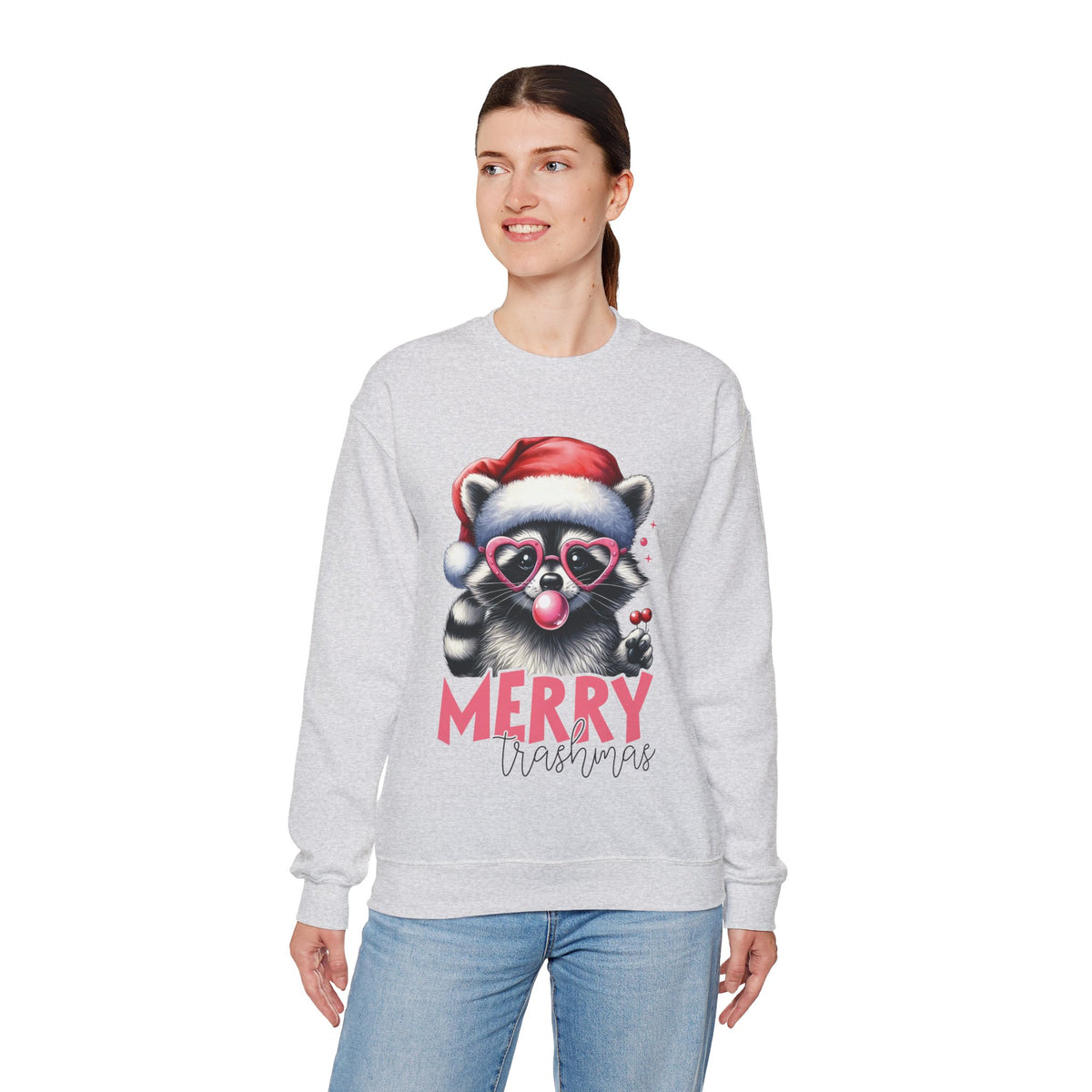 Merry Trashmas Bubblegum Raccoon w/Santa Hat Christmas – Gildan Heavy Blend | Trendy Women’s Soft Sweatshirt. Direct to Garment. Printed & Shipped in the USA. Unisex Sizes.