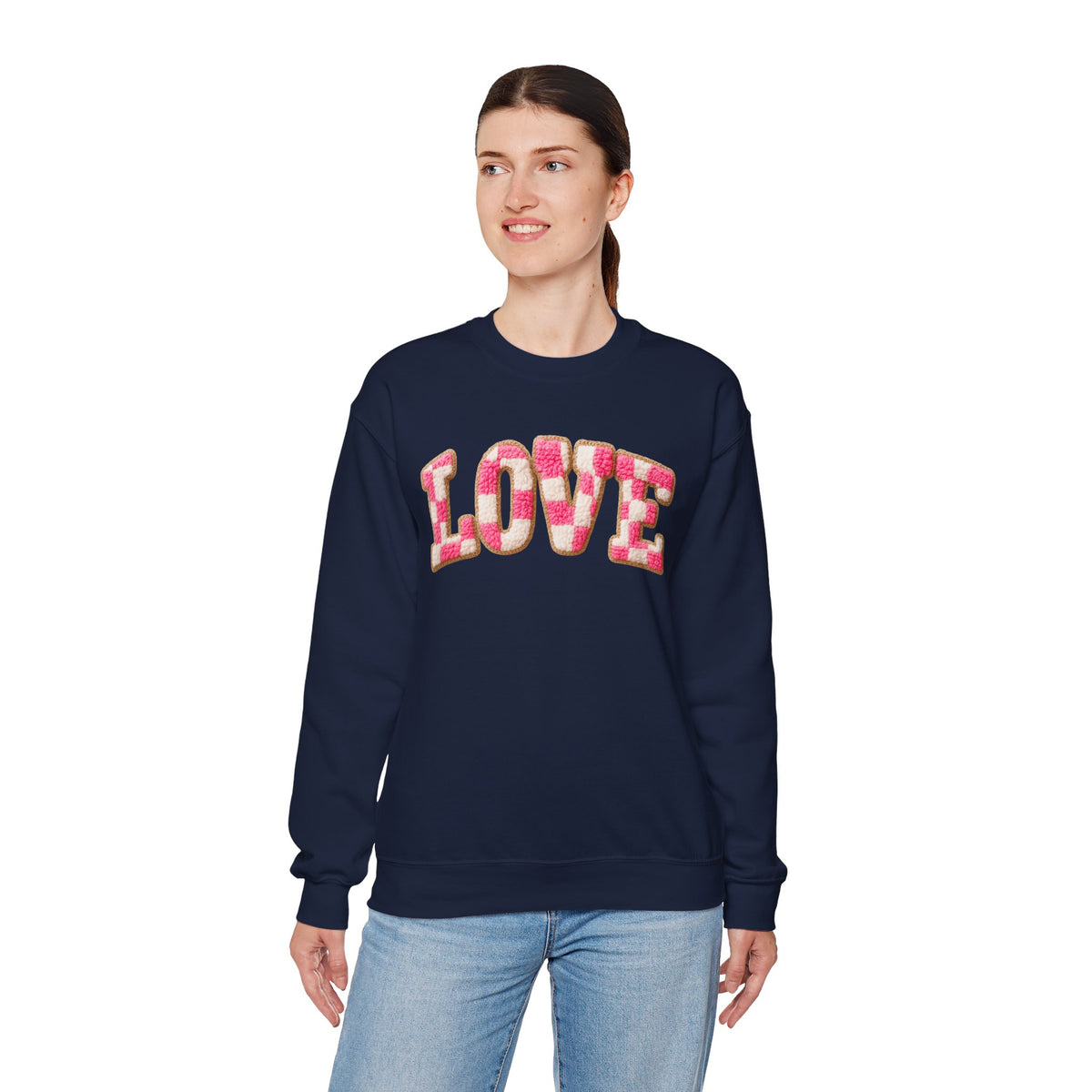 Faux Crochet Checkered LOVE – Gildan Heavy Blend | Trendy Women’s Soft Sweatshirt. Direct to Garment. Printed & Shipped in the USA. Unisex Sizes.