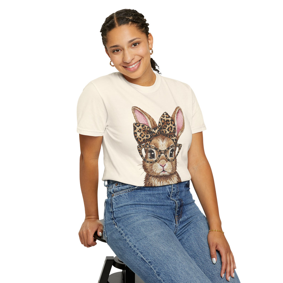 Bunny with Leopard Bow and Glasses - Comfort Colors | Trendy Women's T-Shirt. Direct to Garment. Printed & Shipped in the USA. Unisex Sizes.