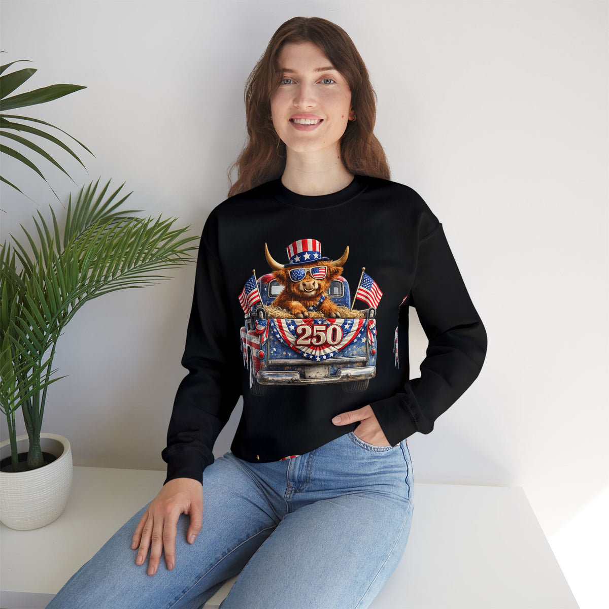 Patriotic Highland, America's 250th Birthday – Gildan Heavy Blend | Trendy Women’s and Men's Soft Sweatshirt. Direct to Garment. Printed & Shipped in the USA. Unisex Sizes.