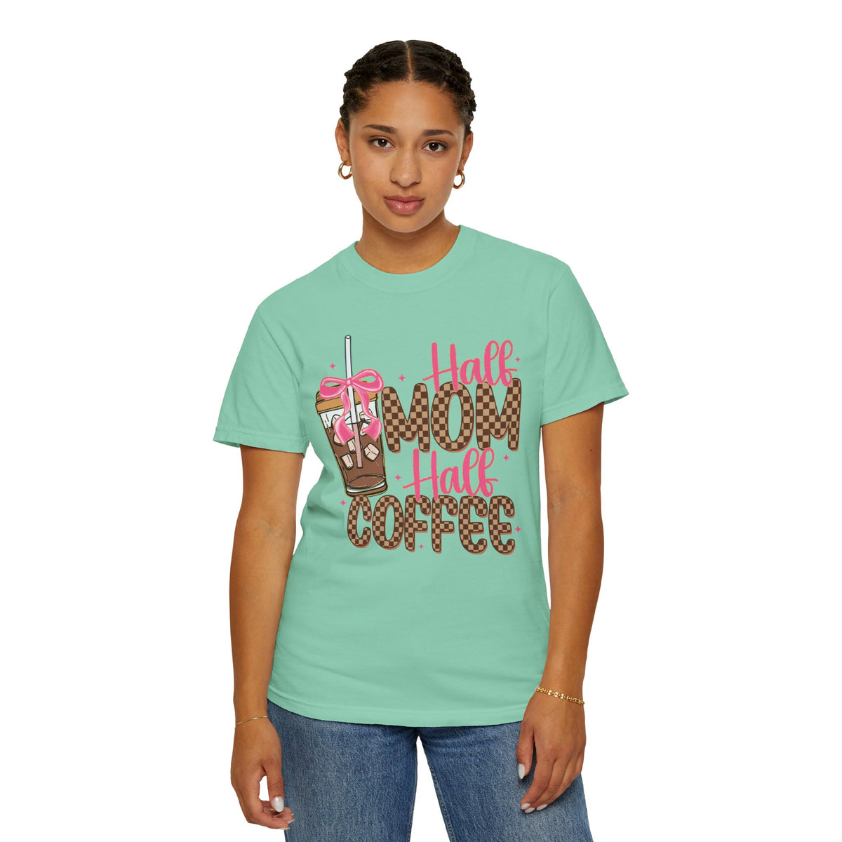 Half Mom Half Coffee. Cute Leopard Print Coffee Design - Comfort Colors | Trendy Women's T-Shirt. Direct to Garment. Printed & Shipped in the USA. Unisex Sizes.