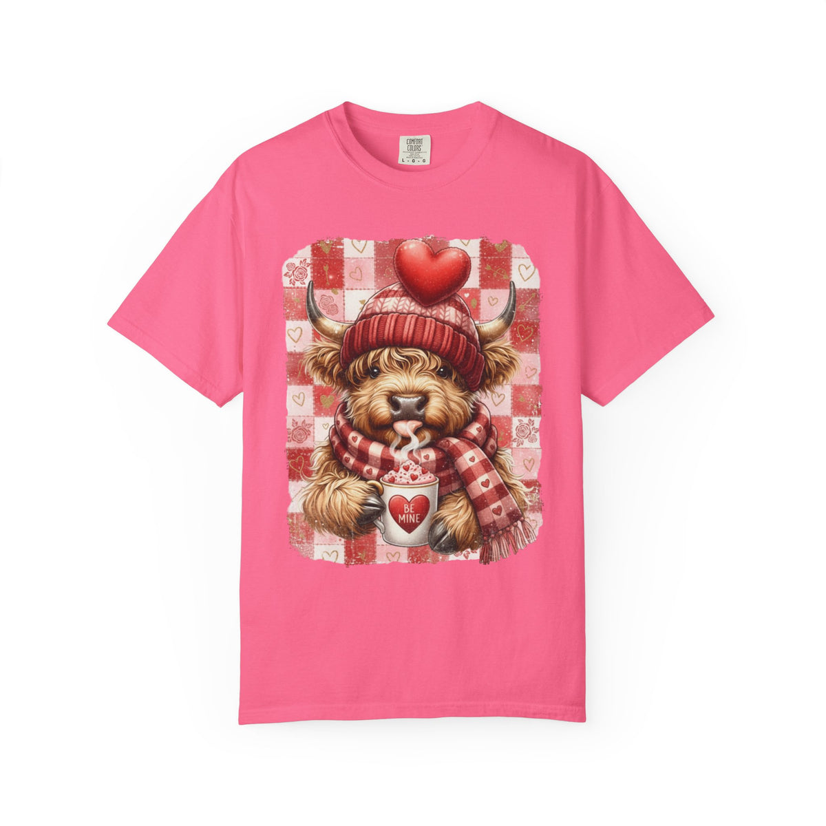 Highland Cow Be Mine, Red Checkered - Comfort Colors | Trendy Women's T-Shirt. Direct to Garment. Printed & Shipped in the USA. Unisex Sizes.