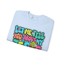 Let Me Tell You About My Jesus - Christian Colorful – Gildan Heavy Blend | Trendy Women’s Soft Sweatshirt. Direct to Garment. Printed & Shipped in the USA. Unisex Sizes.