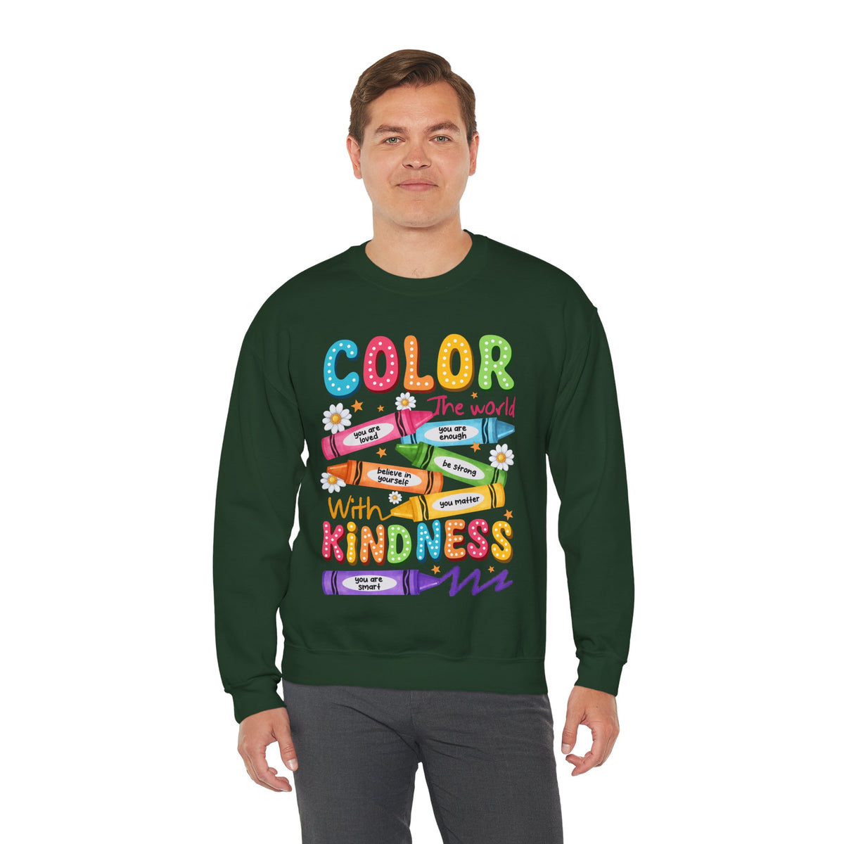 Color the World With Kindness Crayons, Great Teacher Gift – Gildan Heavy Blend | Trendy Women’s and Men's Soft Sweatshirt. Direct to Garment. Printed & Shipped in the USA. Unisex Sizes.
