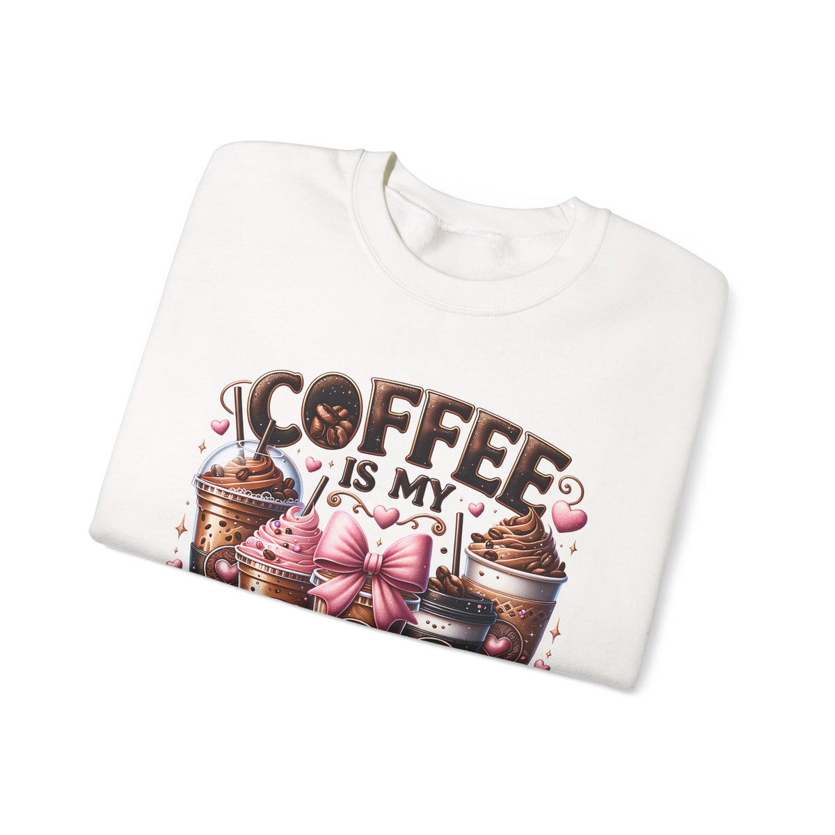 Coffee Is My Soul Food, Iced Coffee, Pink Bow – Gildan Heavy Blend | Trendy Women’s Soft Sweatshirt. Direct to Garment. Printed & Shipped in the USA. Unisex Sizes.