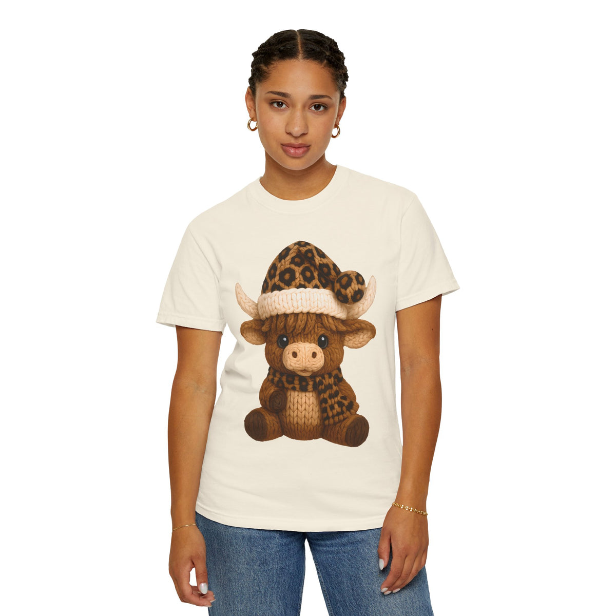 Cute Highland Cow with Leopard Santa Hat Christmas - Comfort Colors | Trendy Women's T-Shirt. Direct to Garment. Printed & Shipped in the USA. Unisex Sizes.