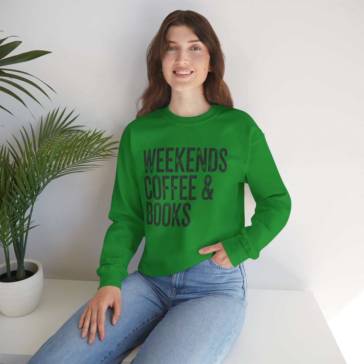 Weekends, Coffee & Books – Gildan Heavy Blend | Trendy Women’s and Men's Soft Sweatshirt. Direct to Garment. Printed & Shipped in the USA. Unisex Sizes.