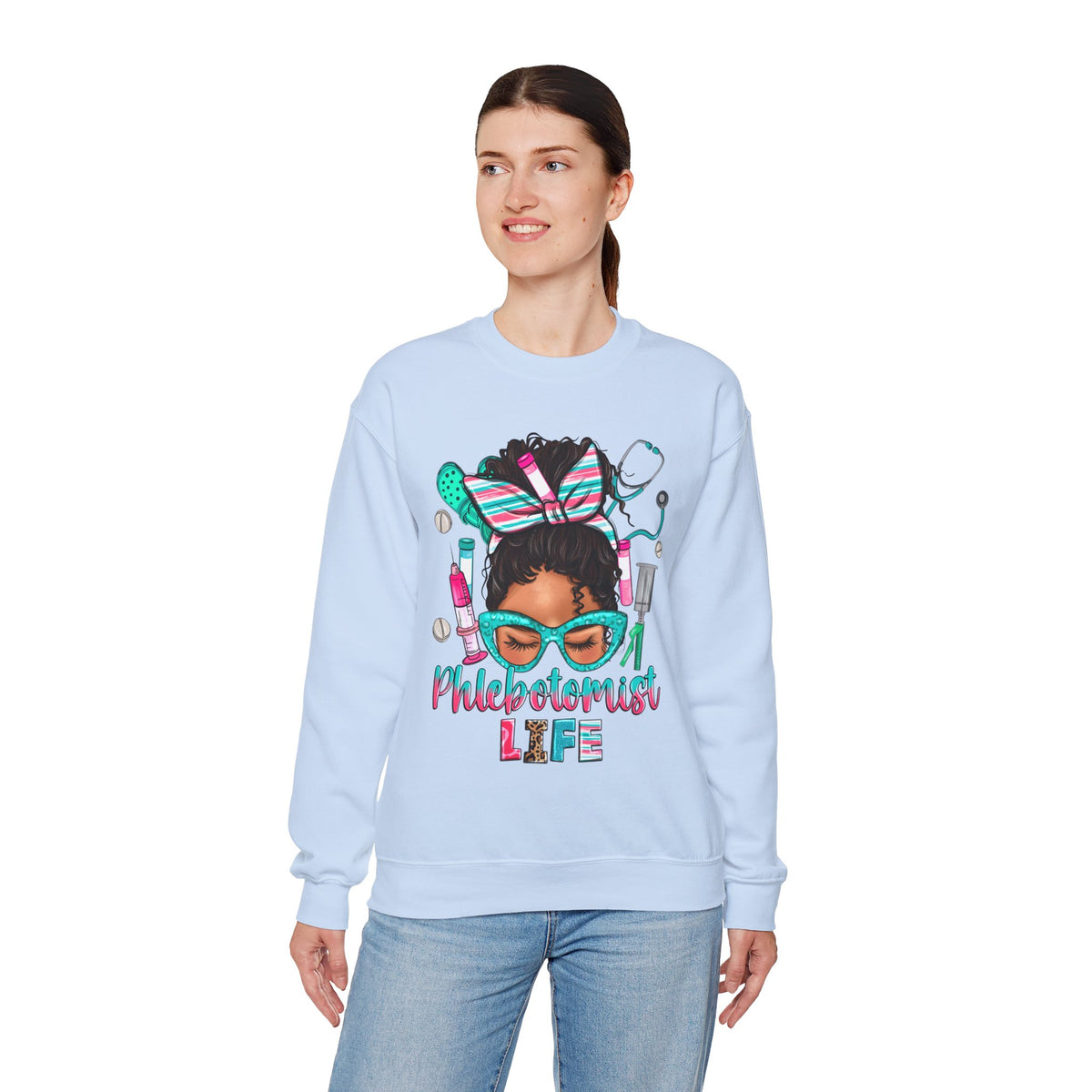 Phlebotomist Life, Messy Bun – Gildan Heavy Blend | Trendy Women’s Soft Sweatshirt. Direct to Garment. Printed & Shipped in the USA. Unisex Sizes.