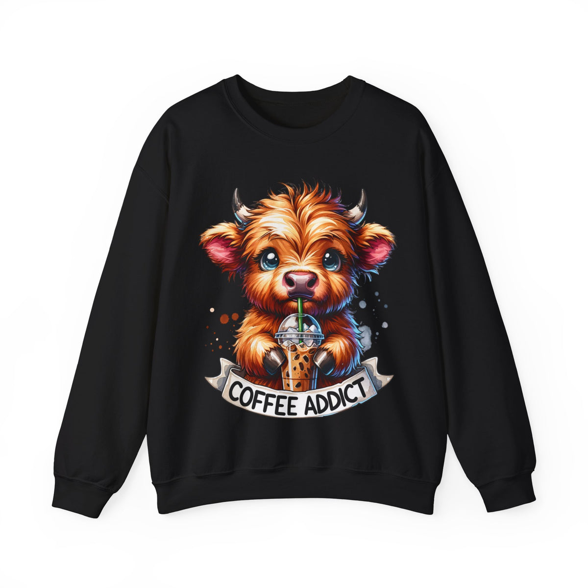Coffee Addict Highland Cow Drinking Iced Coffee – Gildan Heavy Blend | Trendy Women’s Soft Sweatshirt. Direct to Garment. Printed & Shipped in the USA. Unisex Sizes.