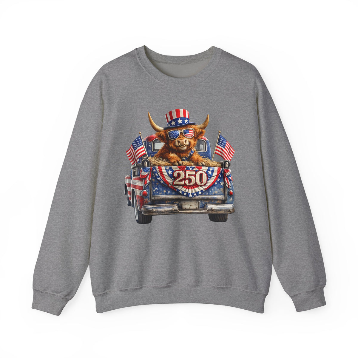 Patriotic Highland, America's 250th Birthday – Gildan Heavy Blend | Trendy Women’s and Men's Soft Sweatshirt. Direct to Garment. Printed & Shipped in the USA. Unisex Sizes.