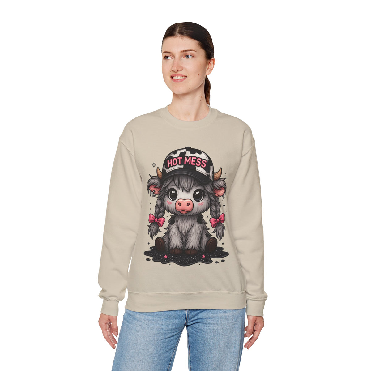 Cute Highland Cow 'Hot Mess' In Braids – Gildan Heavy Blend | Trendy Women’s Soft Sweatshirt. Direct to Garment. Printed & Shipped in the USA. Unisex Sizes.