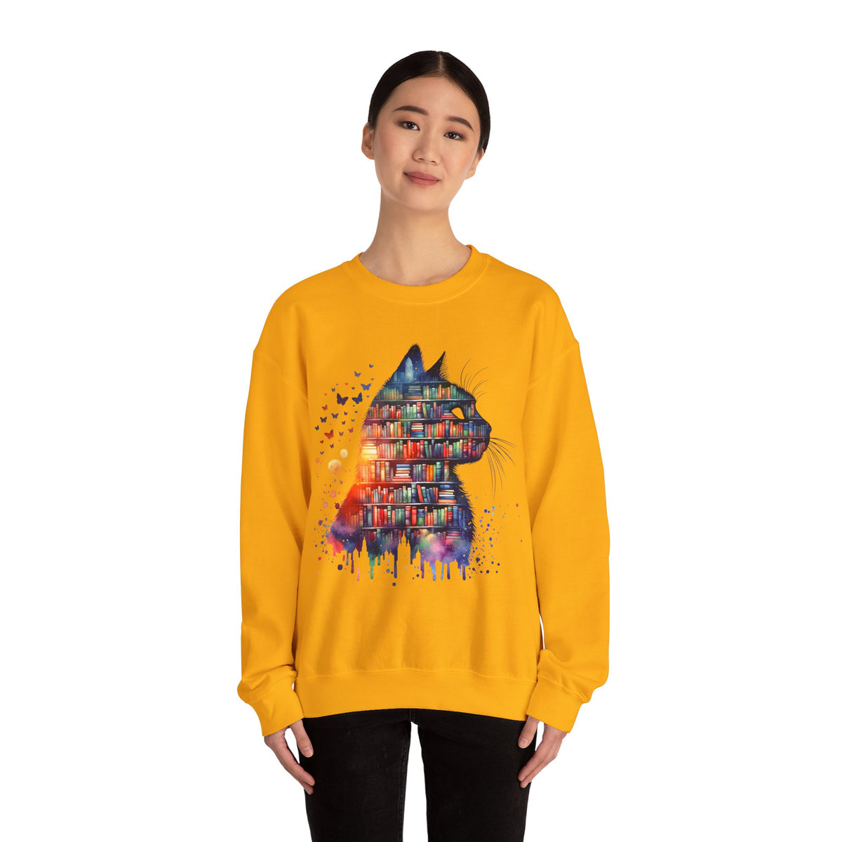 Cat Silhouette for Book Lovers – Gildan Heavy Blend | Trendy Women’s Soft Sweatshirt. Direct to Garment. Printed & Shipped in the USA. Unisex Sizes.