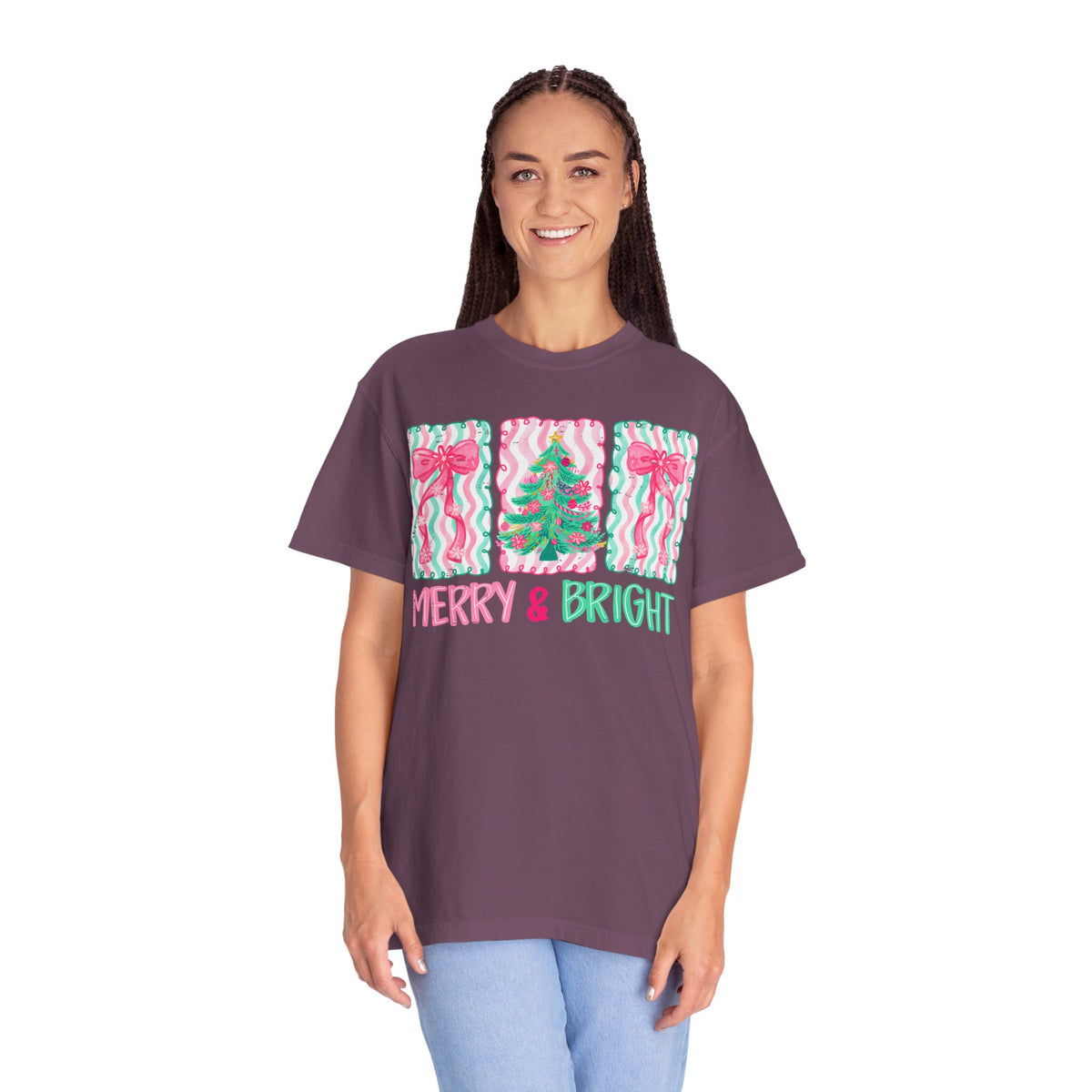 Merry & Bright Christmas — Pink & Green Holiday Tree Design - Comfort Colors | Trendy Women's T-Shirt. Direct to Garment. Printed & Shipped in the USA. Unisex Sizes.