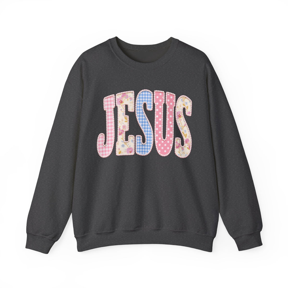 JESUS Pastel Faux Patchwork – Gildan Heavy Blend | Trendy Women’s Soft Sweatshirt. Direct to Garment. Printed & Shipped in the USA. Unisex Sizes.