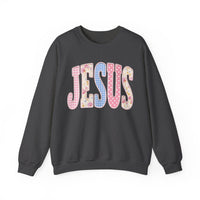 JESUS Pastel Faux Patchwork – Gildan Heavy Blend | Trendy Women’s Soft Sweatshirt. Direct to Garment. Printed & Shipped in the USA. Unisex Sizes.