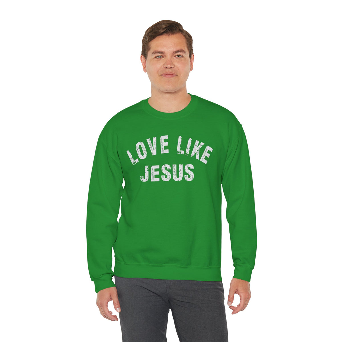 Love Like Jesus - Distressed – Gildan Heavy Blend | Trendy Men's and Women’s Soft Sweatshirt. Direct to Garment. Printed & Shipped in the USA. Unisex Sizes.