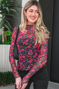 All-Over Bright Floral Mock Neck Mesh Long Sleeve Top