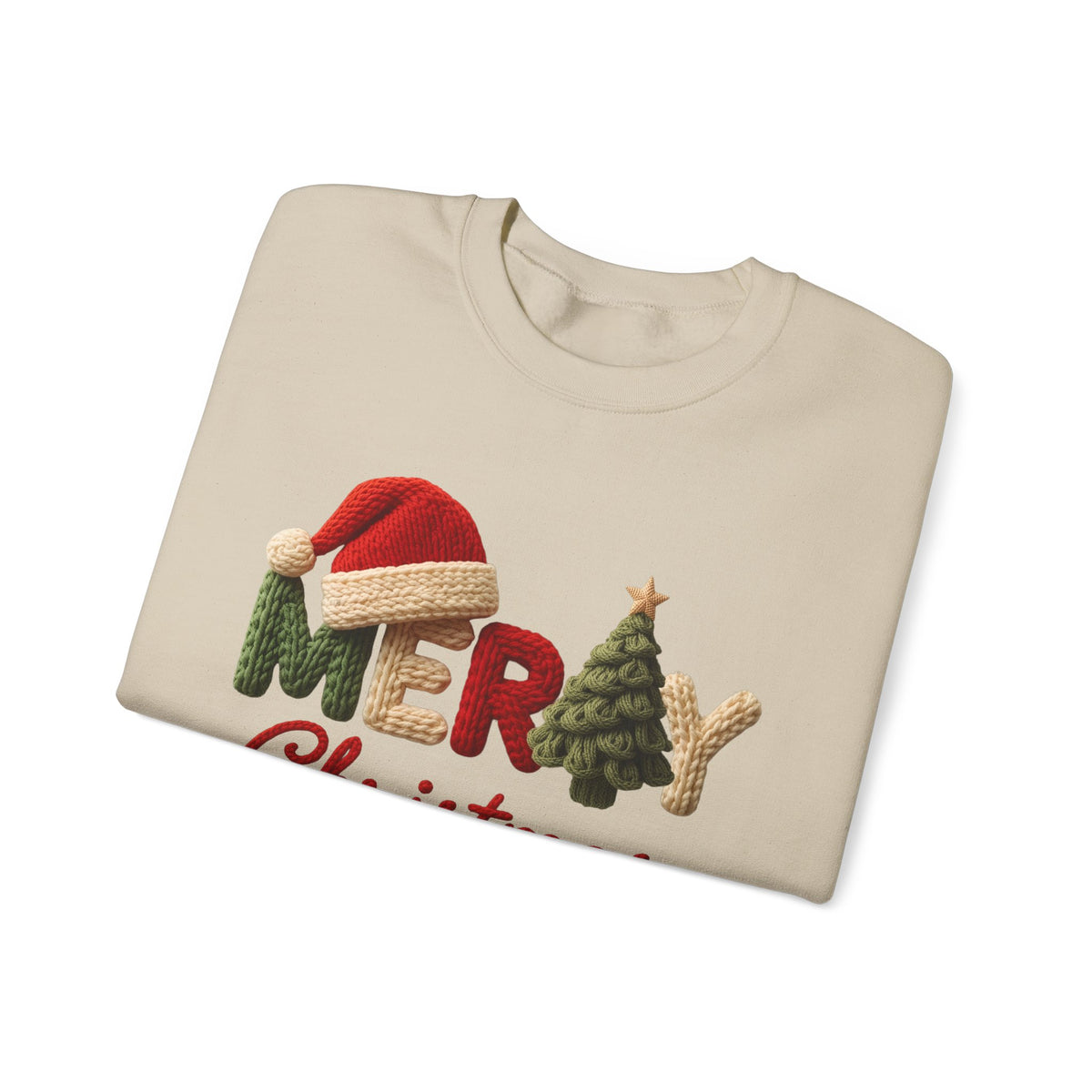 Merry Christmas Faux Yarn w/Santa Hat & Tree – Gildan Heavy Blend | Trendy Women’s Soft Sweatshirt. Direct to Garment. Printed & Shipped in the USA. Unisex Sizes.