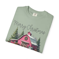 Merry Christmas Pink Barn Farm Animals - Comfort Colors | Trendy Women's T-Shirt. Direct to Garment. Printed & Shipped in the USA. Unisex Sizes.