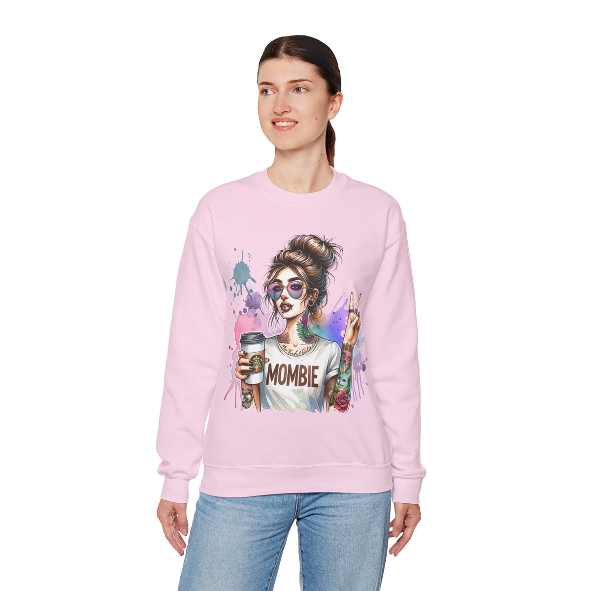 Cool Mombie with Coffee Peace Tattoo - Tired Mom – Gildan Heavy Blend | Trendy Women’s Soft Sweatshirt. Direct to Garment. Printed & Shipped in the USA. Unisex Sizes.