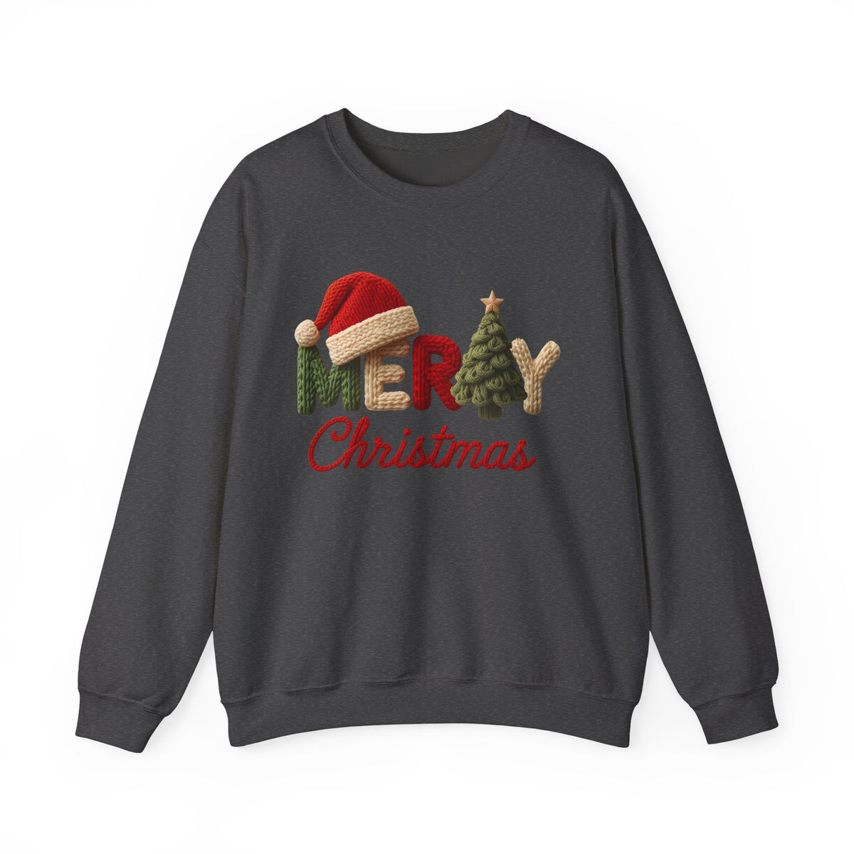 Merry Christmas Faux Yarn w/Santa Hat & Tree – Gildan Heavy Blend | Trendy Women’s Soft Sweatshirt. Direct to Garment. Printed & Shipped in the USA. Unisex Sizes.
