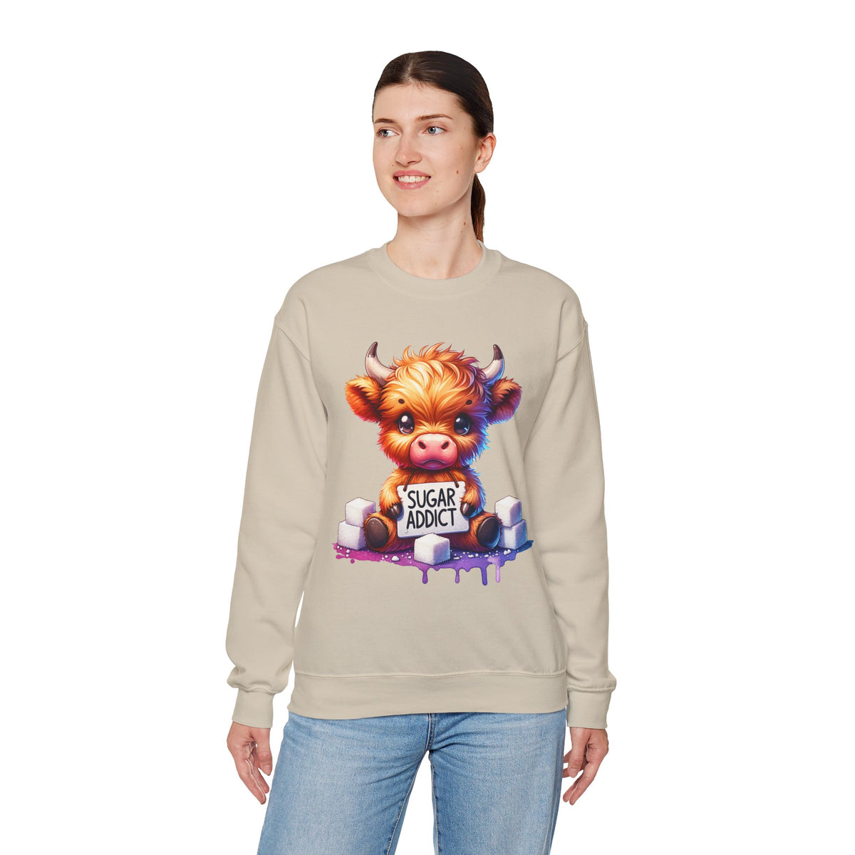 Sugar Addict Highland Cow – Gildan Heavy Blend | Trendy Women’s Soft Sweatshirt. Direct to Garment. Printed & Shipped in the USA. Unisex Sizes.