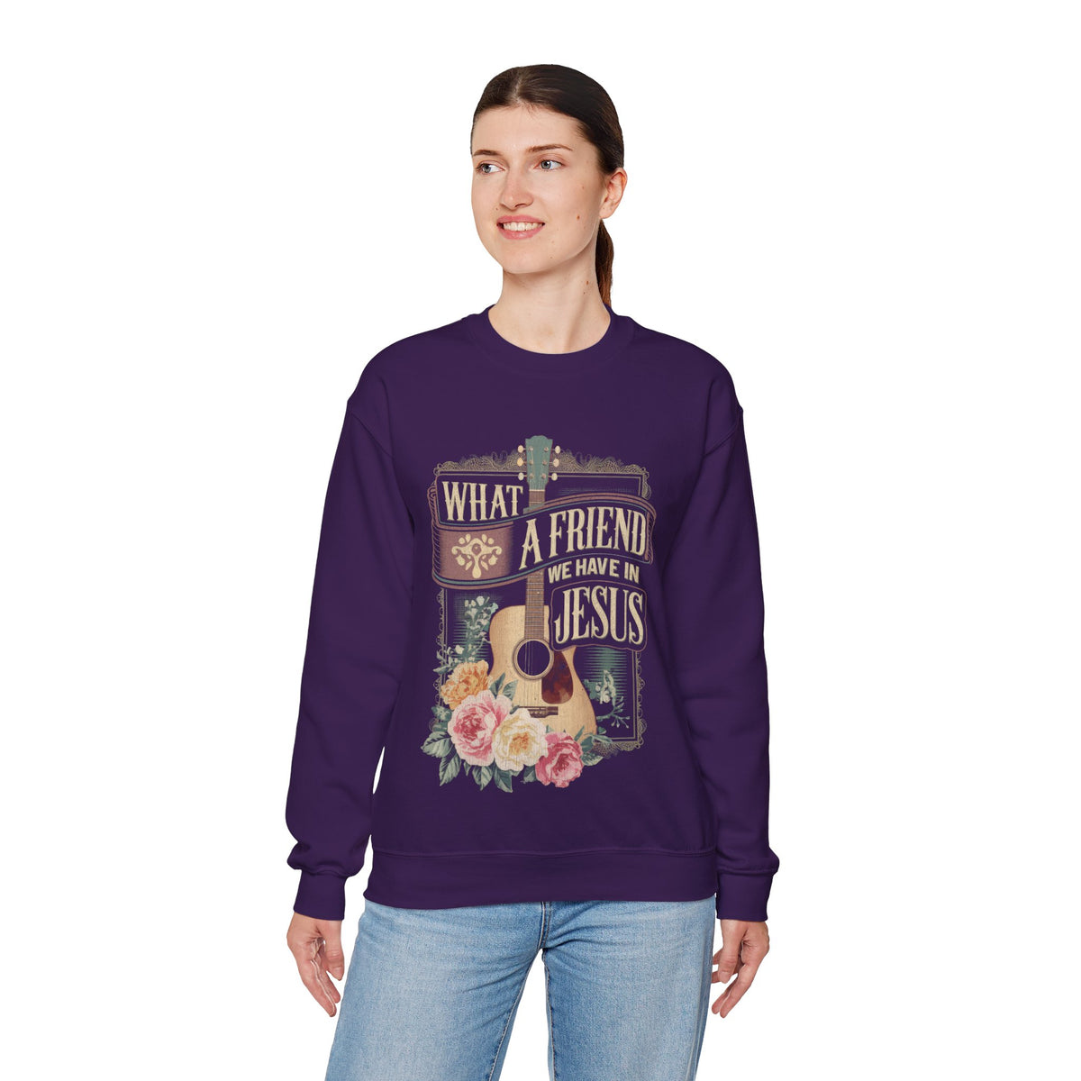What a Friend We Have in Jesus, Guitar Vintage – Gildan Heavy Blend | Trendy Women’s Soft Sweatshirt. Direct to Garment. Printed & Shipped in the USA. Unisex Sizes.