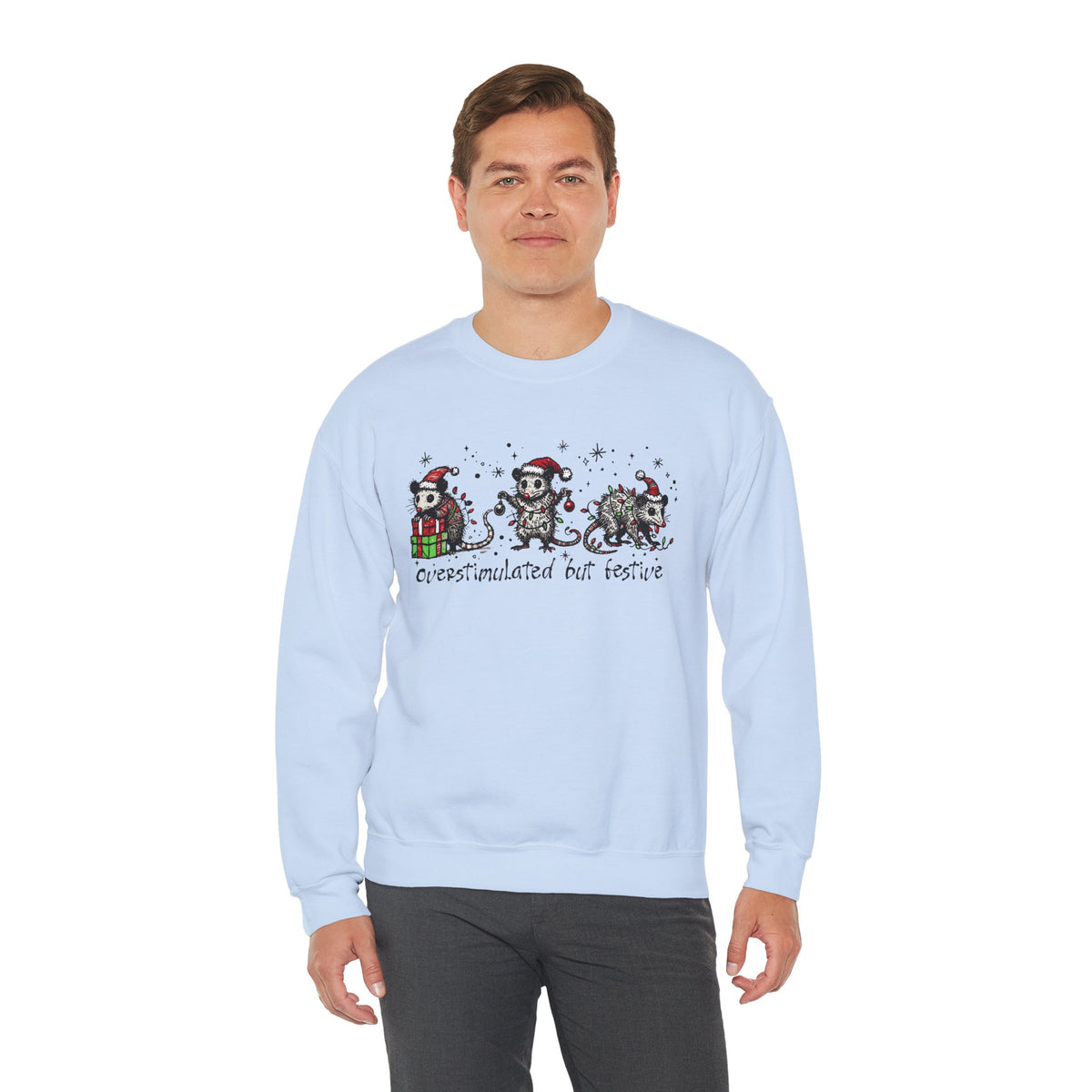 Overstimulated But Festive Christmas Possums – Gildan Heavy Blend | Trendy Women’s and Men's Soft Sweatshirt. Direct to Garment. Printed & Shipped in the USA. Unisex Sizes.