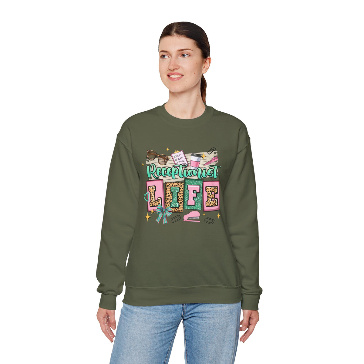Receptionist Life – Gildan Heavy Blend | Trendy Women’s Soft Sweatshirt. Direct to Garment. Printed & Shipped in the USA. Unisex Sizes.