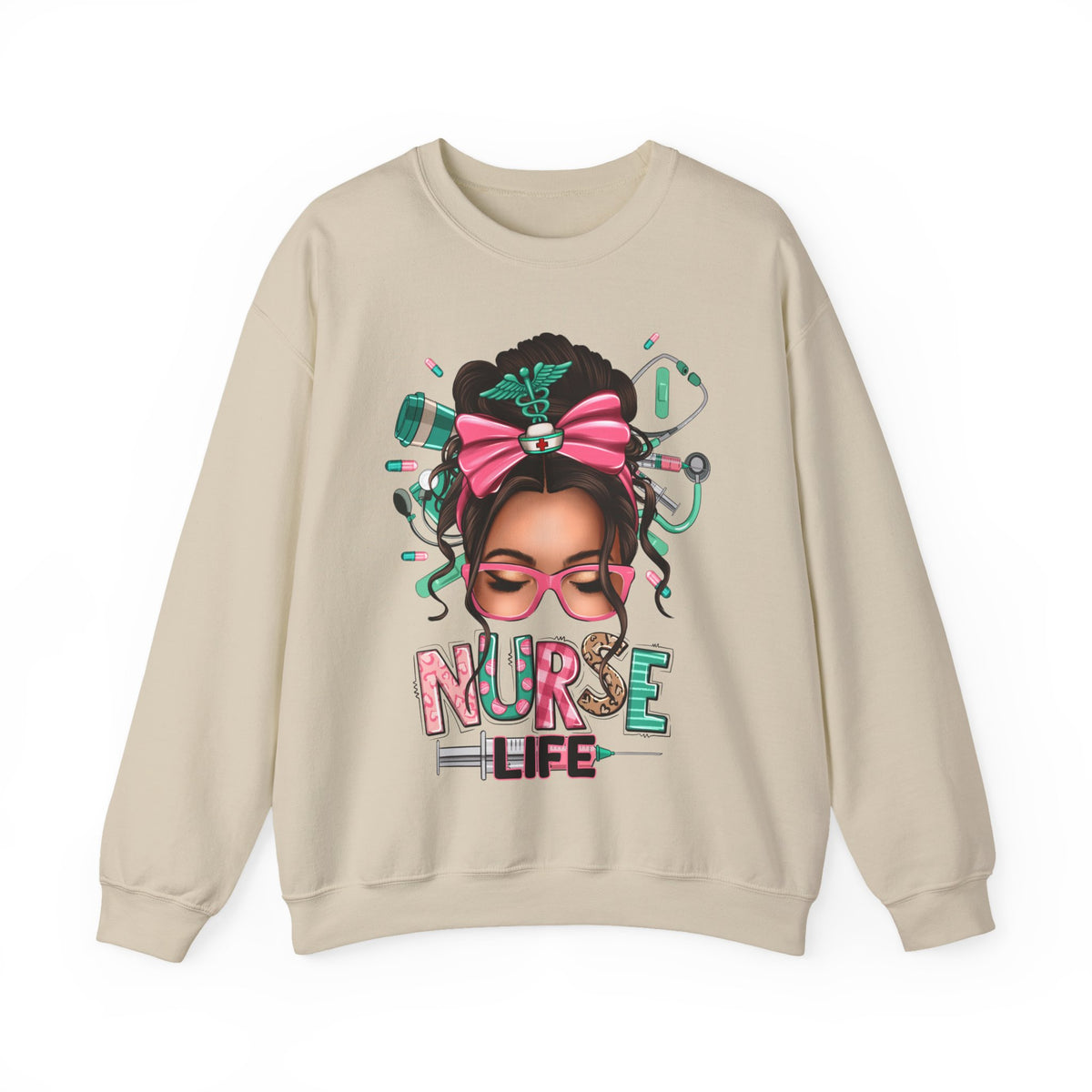 Nurse Life Messy Bun, Cute Stethoscope & Syringe – Gildan Heavy Blend | Trendy Women’s Soft Sweatshirt. Direct to Garment. Printed & Shipped in the USA. Unisex Sizes.