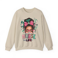 Nurse Life Messy Bun, Cute Stethoscope & Syringe – Gildan Heavy Blend | Trendy Women’s Soft Sweatshirt. Direct to Garment. Printed & Shipped in the USA. Unisex Sizes.