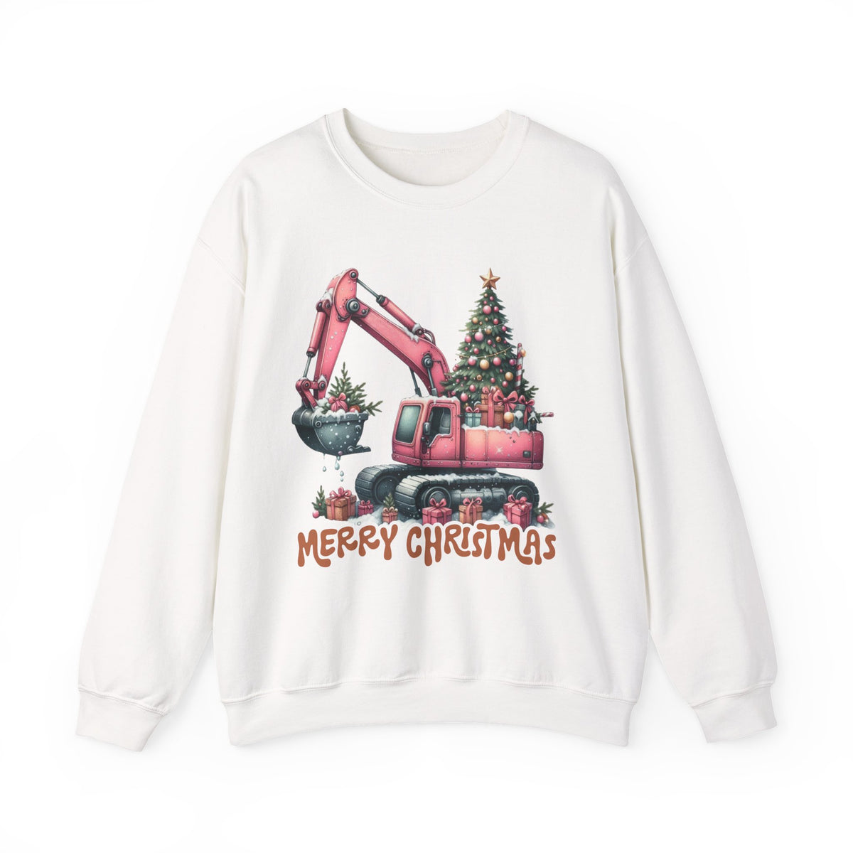 Excavator Merry Christmas Construction – Gildan Heavy Blend | Trendy Women’s Soft Sweatshirt. Direct to Garment. Printed & Shipped in the USA. Unisex Sizes.
