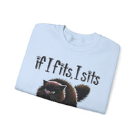 If I Fits I Sits, Cat in a Box – Gildan Heavy Blend | Trendy Women’s and Men's Soft Sweatshirt. Direct to Garment. Printed & Shipped in the USA. Unisex Sizes.