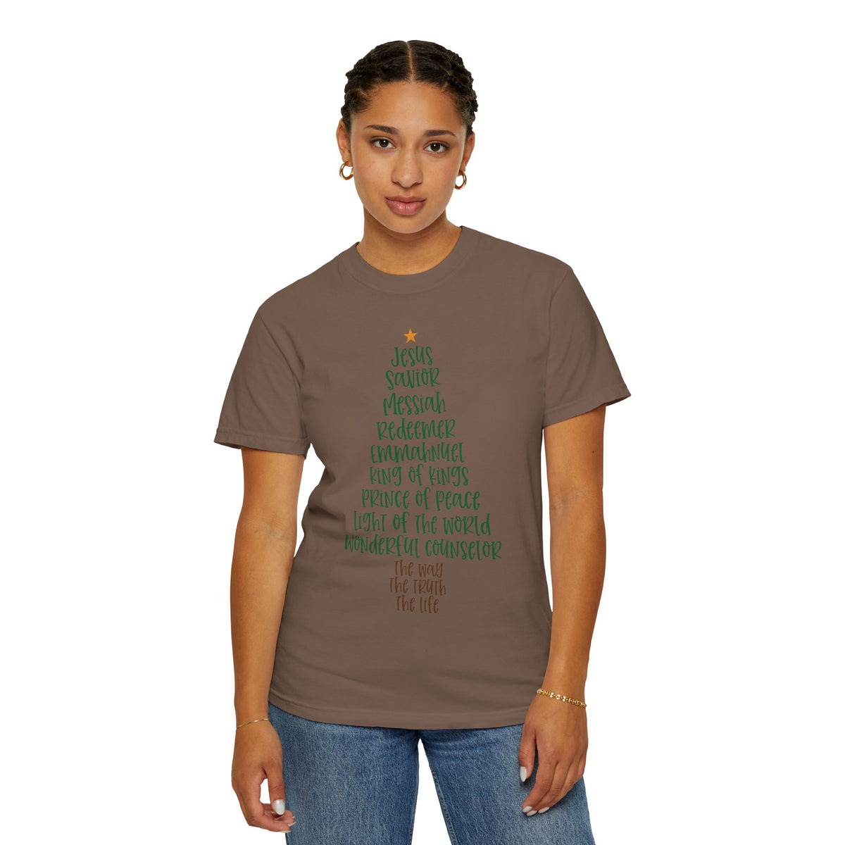 Jesus Name Christmas Tree - Comfort Colors | Trendy Women's T-Shirt. Direct to Garment. Printed & Shipped in the USA. Unisex Sizes.