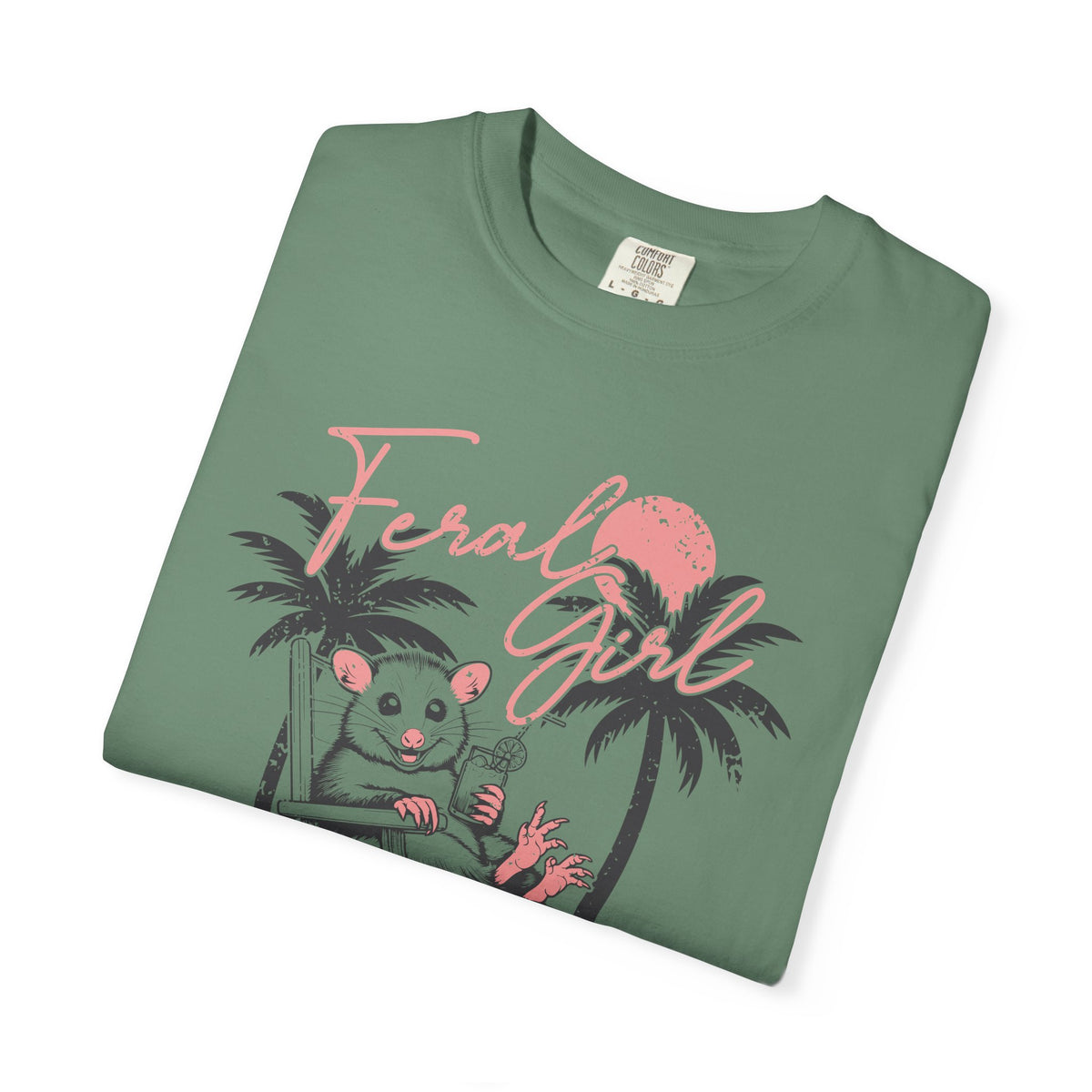 Feral Girl Summer, Possum on a Beach - Comfort Colors | Trendy Women's T-Shirt. Direct to Garment. Printed & Shipped in the USA. Unisex Sizes.