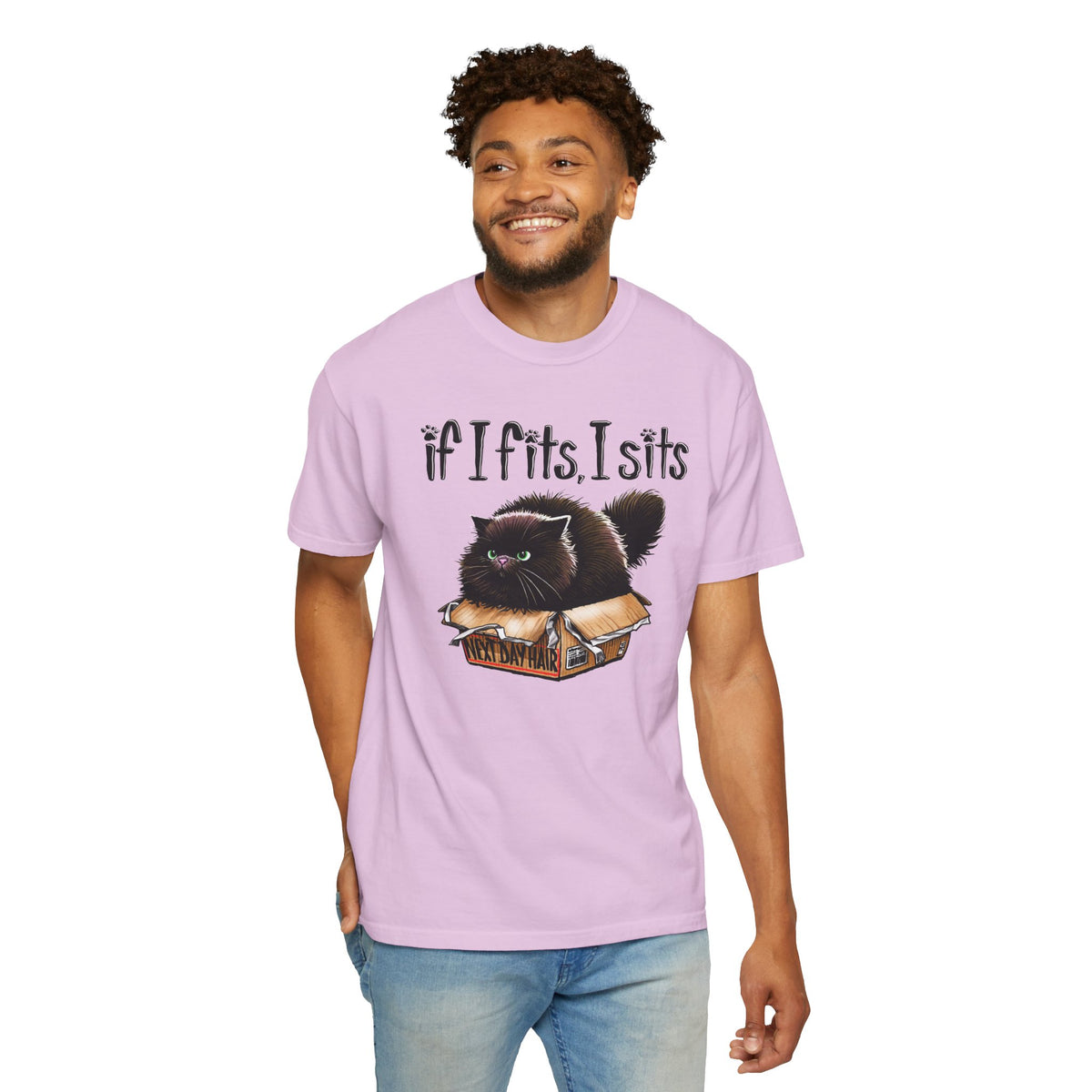 If I Fits I Sits, Cat in a Box - Comfort Colors | Trendy Women's and Men's T-Shirt. Direct to Garment. Printed & Shipped in the USA. Unisex Sizes.