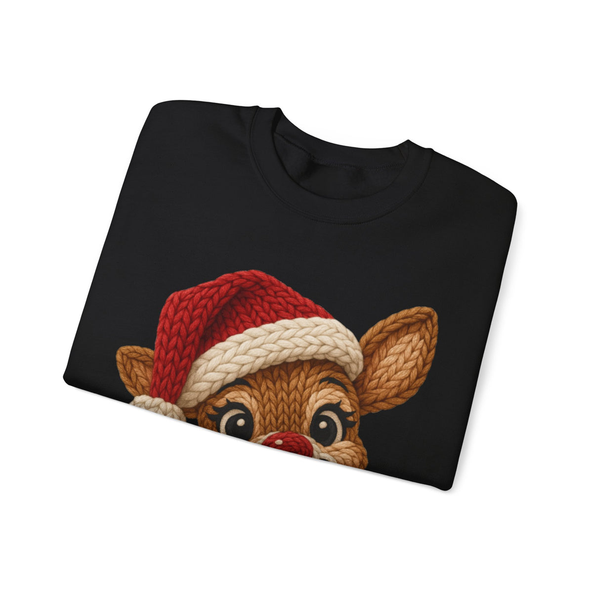 Cute Rudolph Faux Knit Look Reindeer w/Santa Hat – Gildan Heavy Blend | Trendy Women’s Soft Sweatshirt. Direct to Garment. Printed & Shipped in the USA. Unisex Sizes.