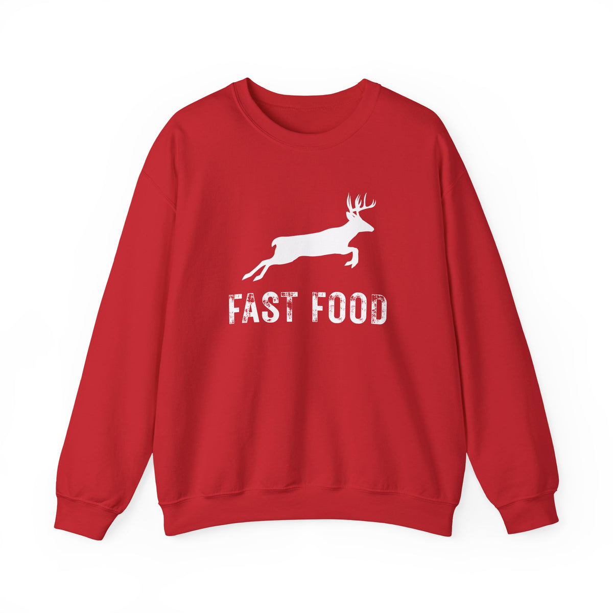 Fast Food Deer Hunting Humor Distressed – Gildan Heavy Blend | Trendy Men's and Women’s Soft Sweatshirt. Direct to Garment. Printed & Shipped in the USA. Unisex Sizes.