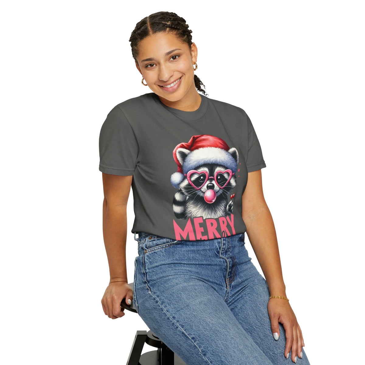 Merry Trashmas Bubblegum Raccoon w/Santa Hat Christmas - Comfort Colors | Trendy Women's T-Shirt. Direct to Garment. Printed & Shipped in the USA. Unisex Sizes.