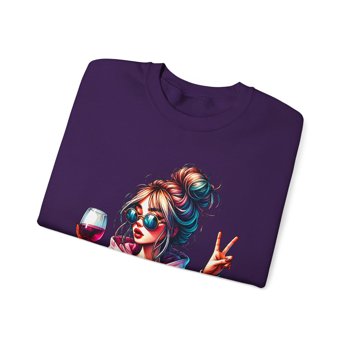 Dramatic Girl With Wine Messy Bun Peace Sign – Gildan Heavy Blend | Trendy Women’s Soft Sweatshirt. Direct to Garment. Printed & Shipped in the USA. Unisex Sizes.