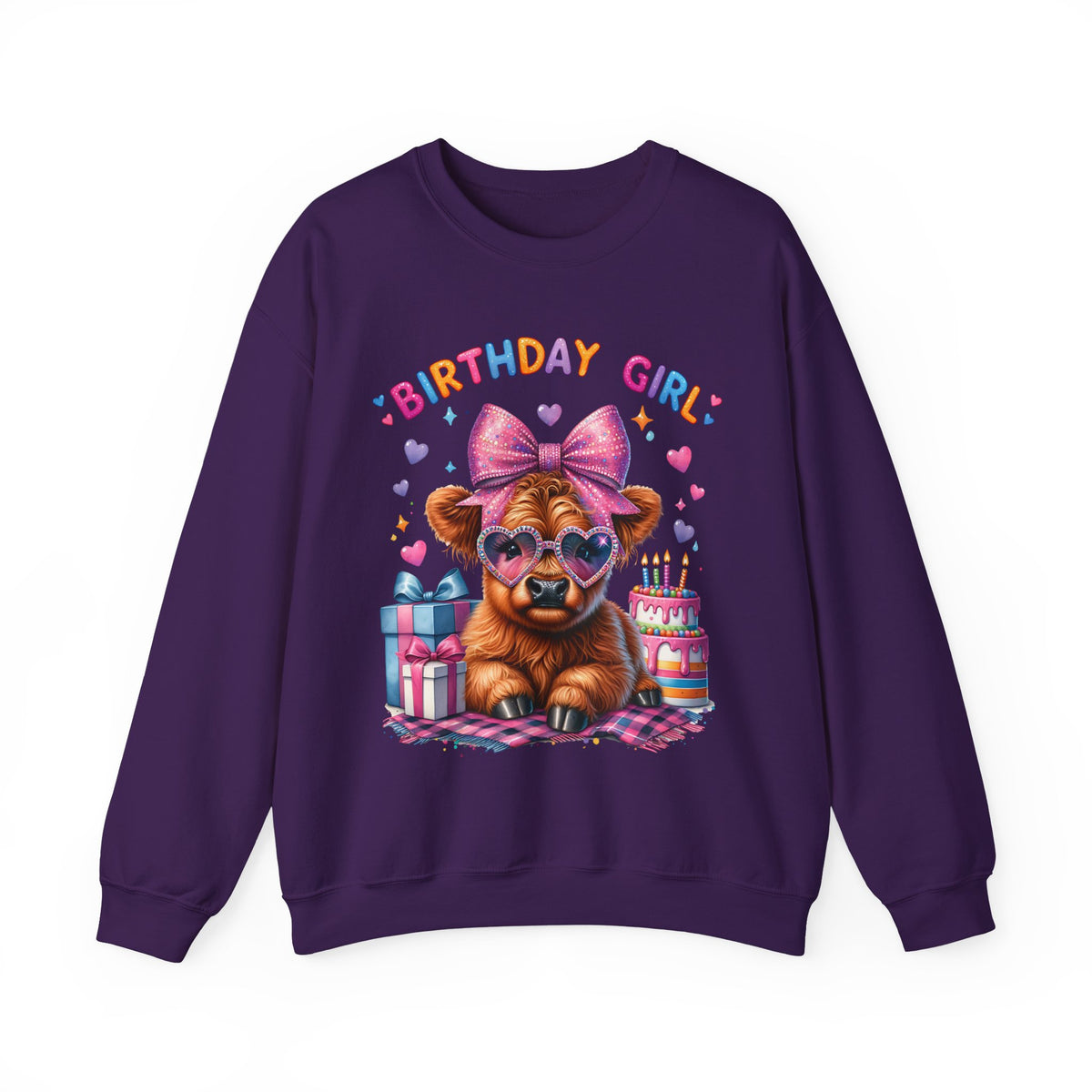 Birthday Girl, Highland Cow – Gildan Heavy Blend | Trendy Women’s Soft Sweatshirt. Direct to Garment. Printed & Shipped in the USA. Unisex Sizes.