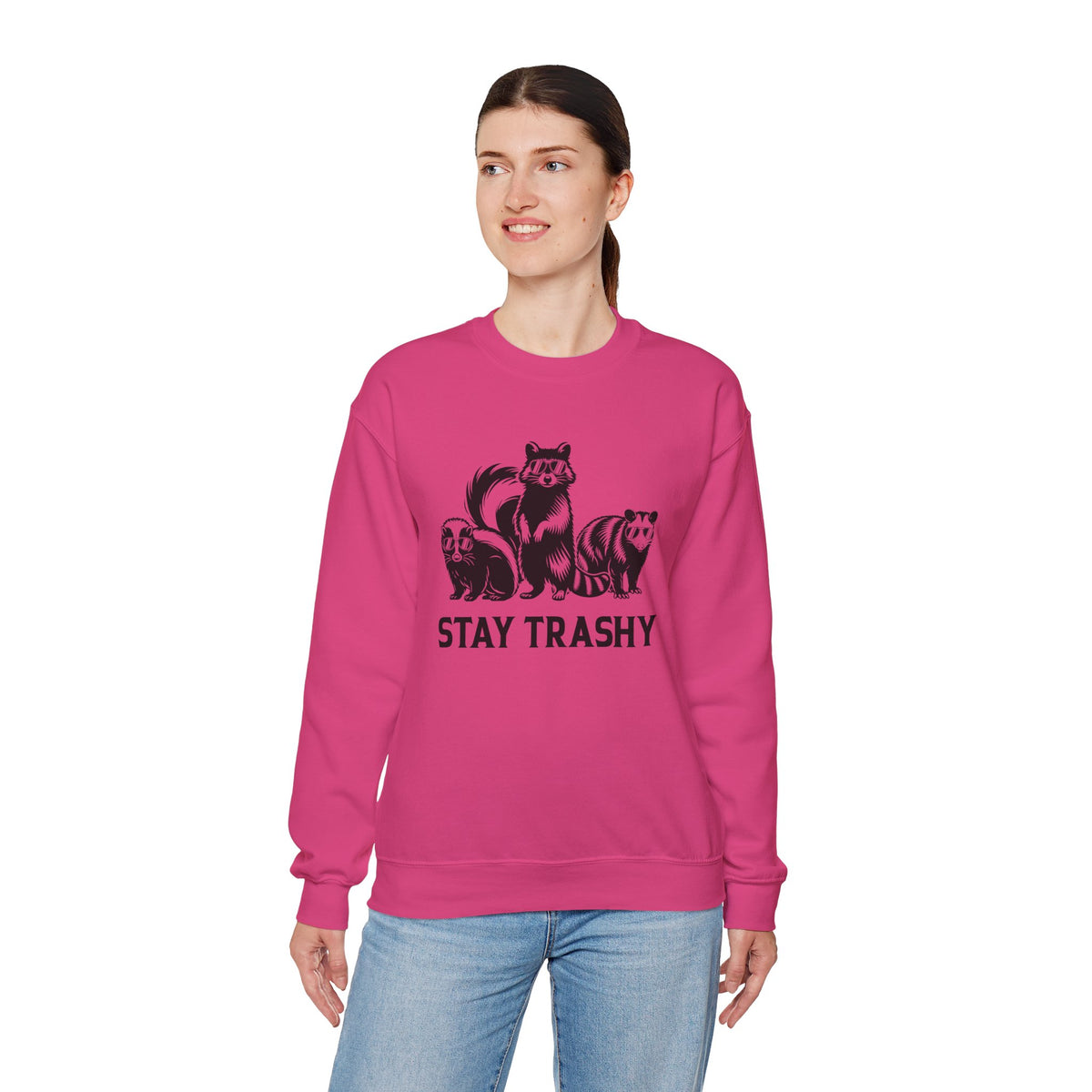 Stay Trashy, Skunk Raccoon Possum – Gildan Heavy Blend | Trendy Women’s and Men's Soft Sweatshirt. Direct to Garment. Printed & Shipped in the USA. Unisex Sizes.