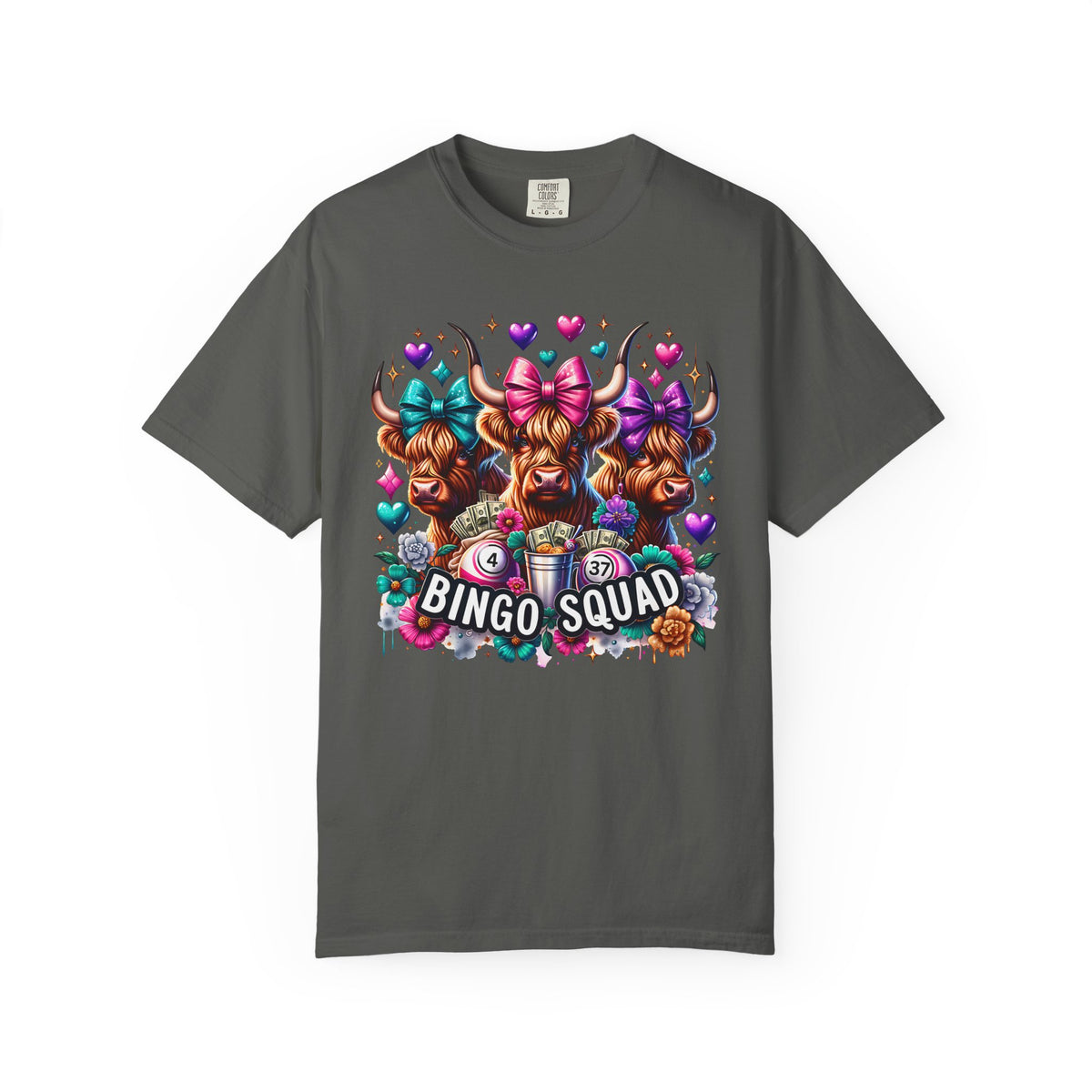 Cute Highland Cows Bingo Squad - Comfort Colors | Trendy Women's T-Shirt. Direct to Garment. Printed & Shipped in the USA. Unisex Sizes.