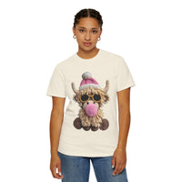 Faux Crochet Highland Cow Bubblegum - Comfort Colors | Trendy Women's T-Shirt. Direct to Garment. Printed & Shipped in the USA. Unisex Sizes.