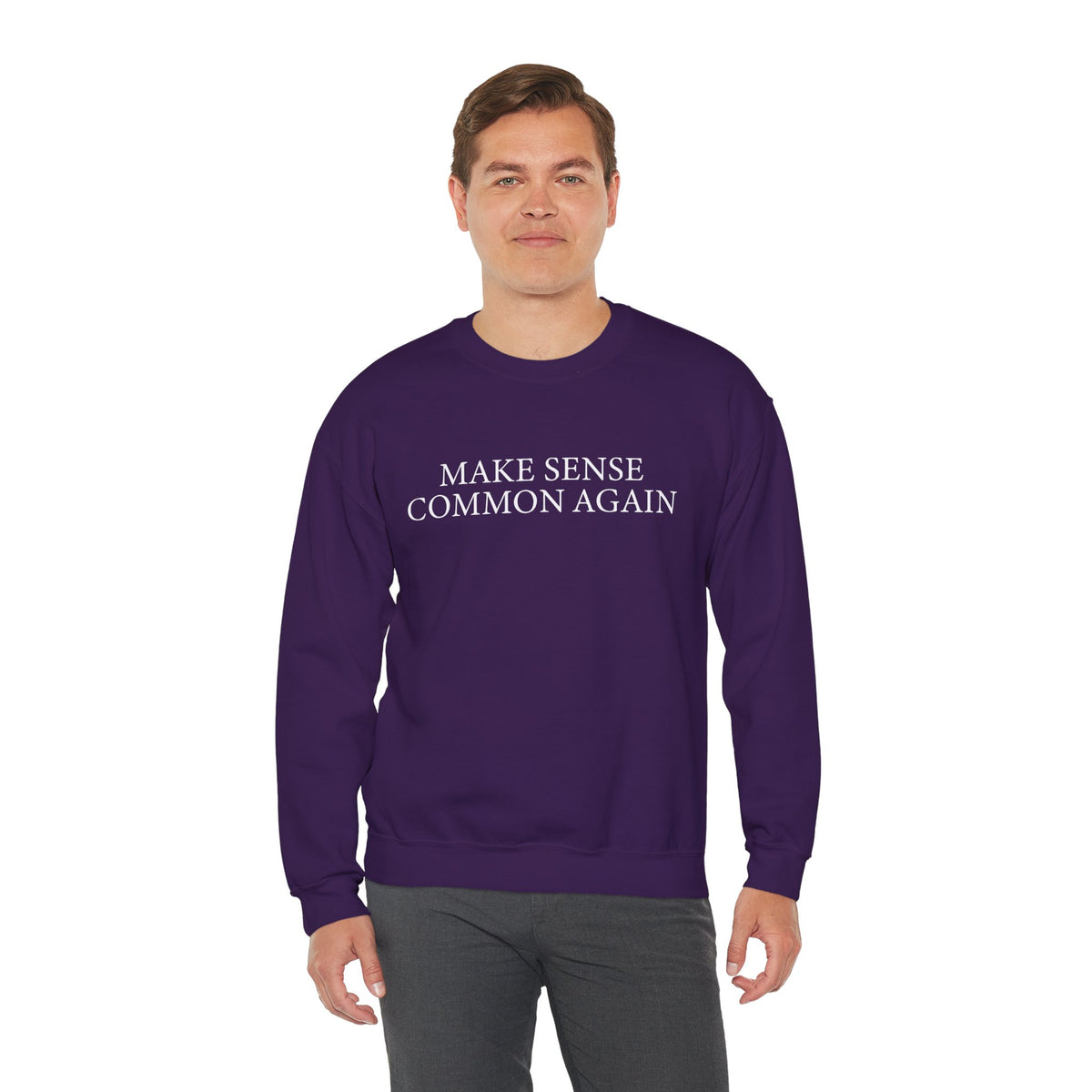 Make Sense Common Again – Gildan Heavy Blend | Trendy Men's and Women’s Soft Sweatshirt. Direct to Garment. Printed & Shipped in the USA. Unisex Sizes.