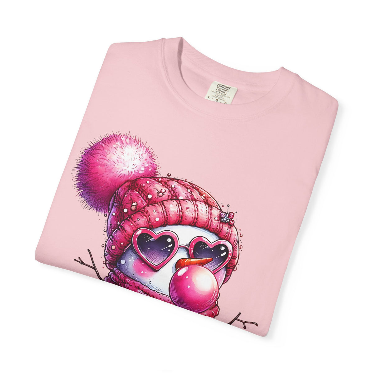 Pink Girly Snowman with Heart Sunglasses and Bubblegum Winter - Comfort Colors | Trendy Women's T-Shirt. Direct to Garment. Printed & Shipped in the USA. Unisex Sizes.