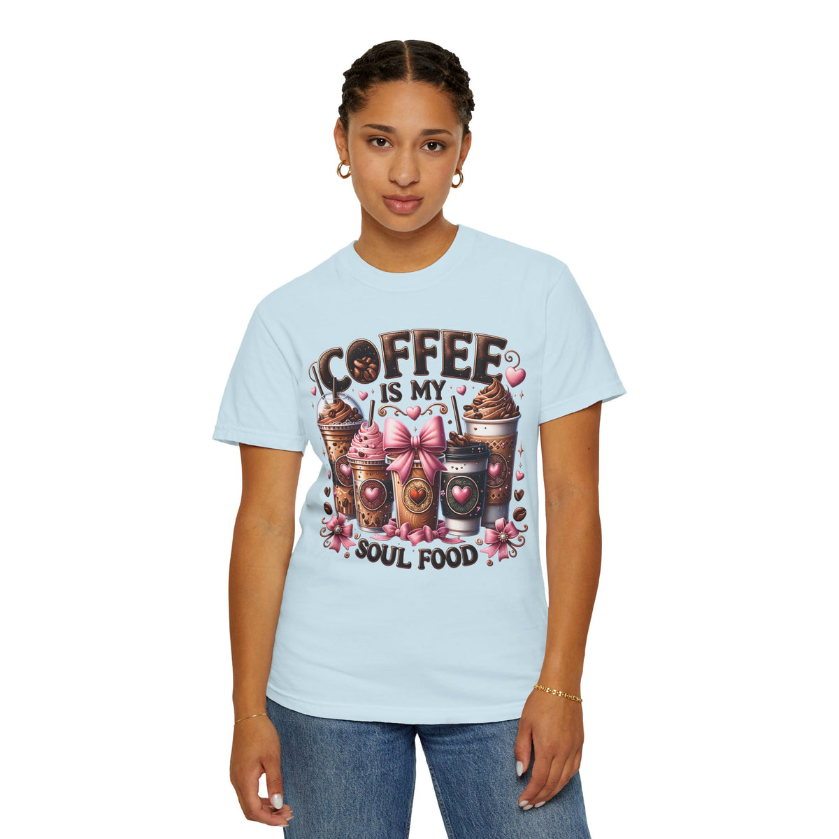 Coffee Is My Soul Food, Iced Coffee, Pink Bow - Comfort Colors | Trendy Women's T-Shirt. Direct to Garment. Printed & Shipped in the USA. Unisex Sizes.